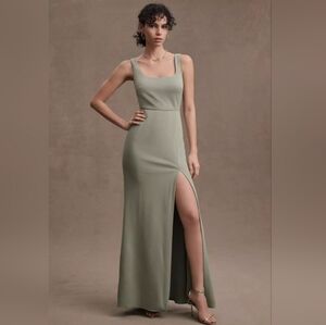 BHLDN Ashlyn Square-Neck Stretch Crepe Side-Slit Gown Maxi Dress Sage Moss Green
